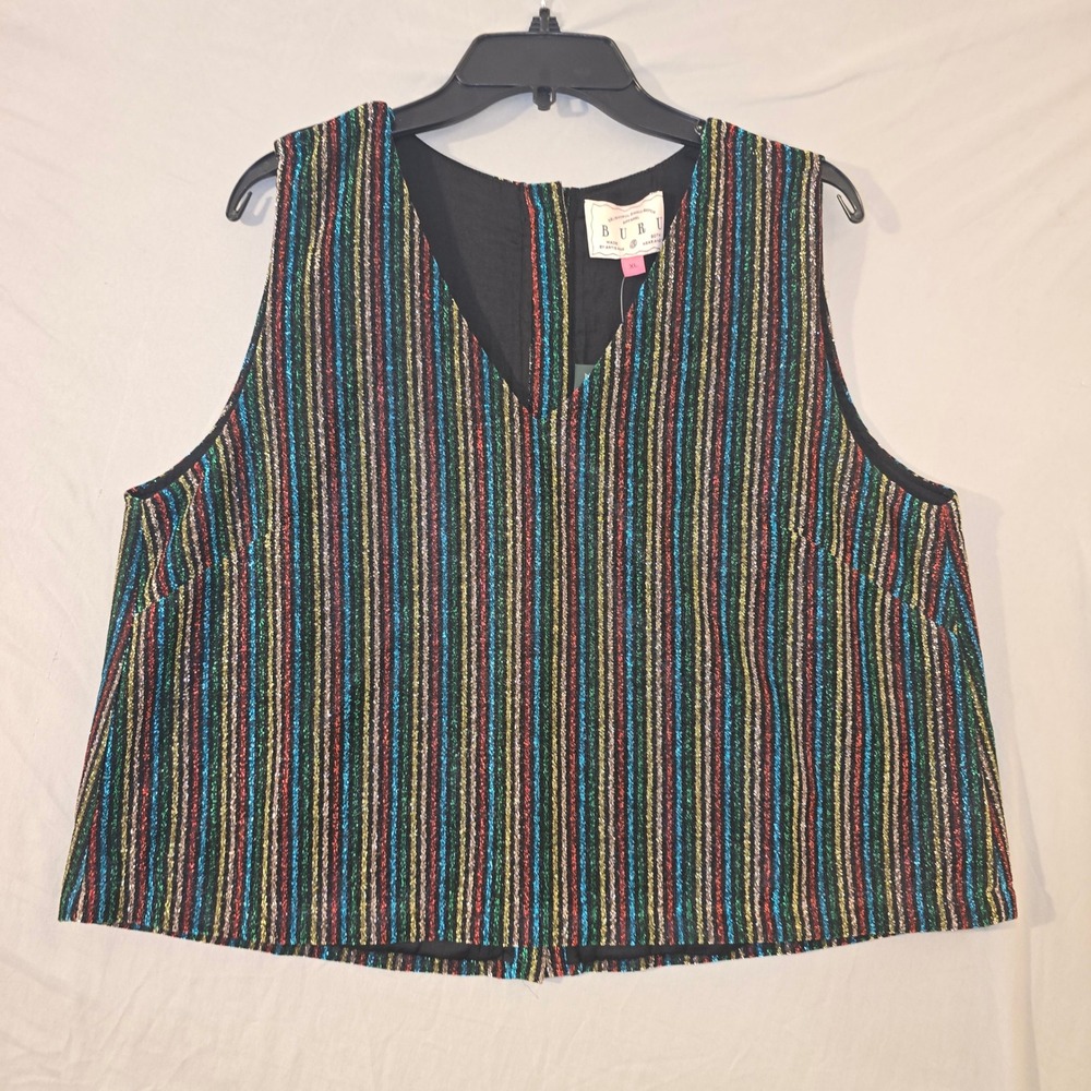 BURU Tank Top XL Women Multicolor Lurex Striped Metallic V-Neck Cropped Party